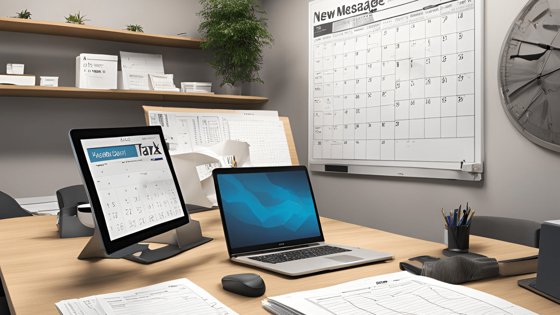 Notificación del SAT en Buzón Tributario vista en una computadora en una oficina moderna, con papeles y documentos relacionados con declaraciones fiscales y CFDI.