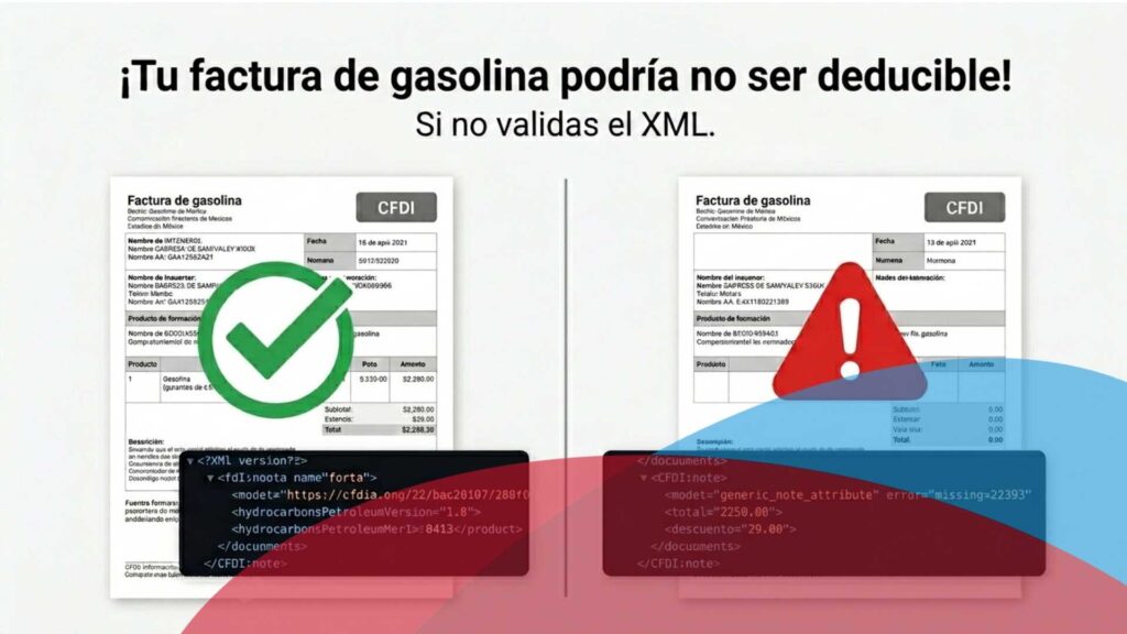 Complemento de Hidrocarburos CFDI 2026 validación XML factura gasolina SAT ejemplo correcto vs incorrecto