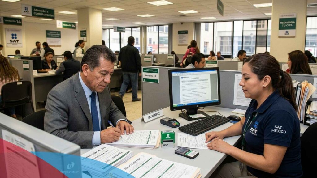Empresario y asesora revisando documentos antes de inscribir una empresa en el RFC ante el SAT