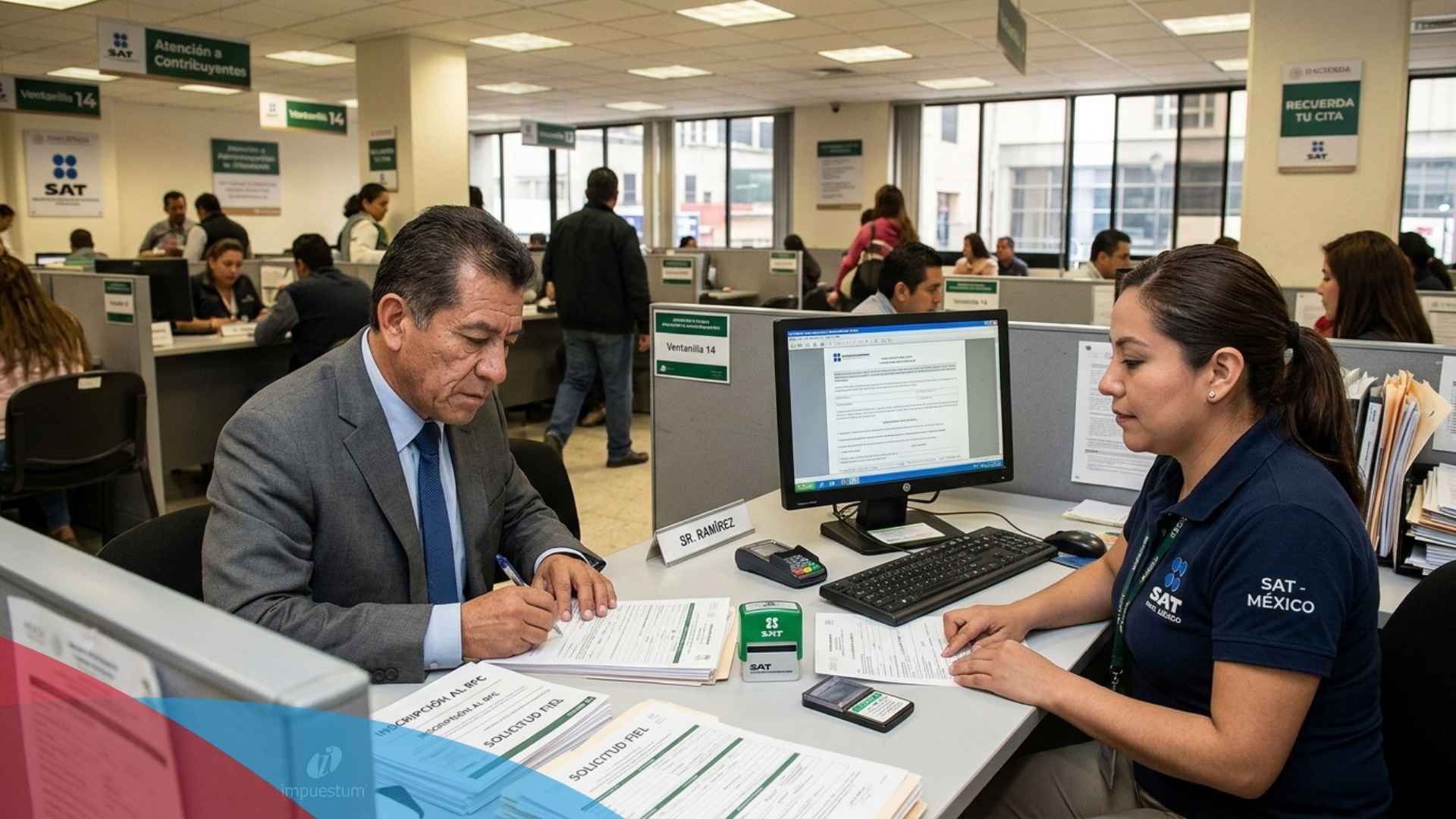 Empresario y asesora revisando documentos antes de inscribir una empresa en el RFC ante el SAT